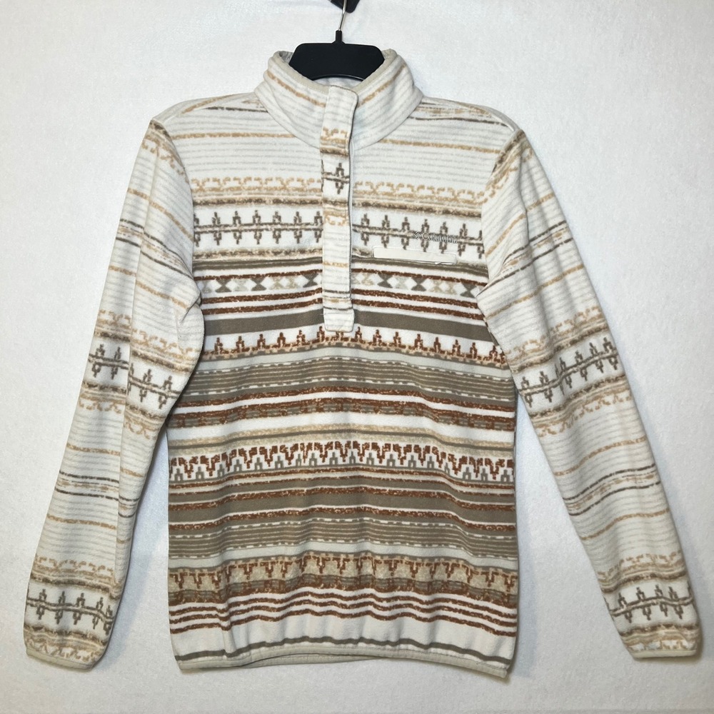 Columbia Fleece Pullover Aztec Snap Gorpcore Outdoors Earthy Cream Brown Women S